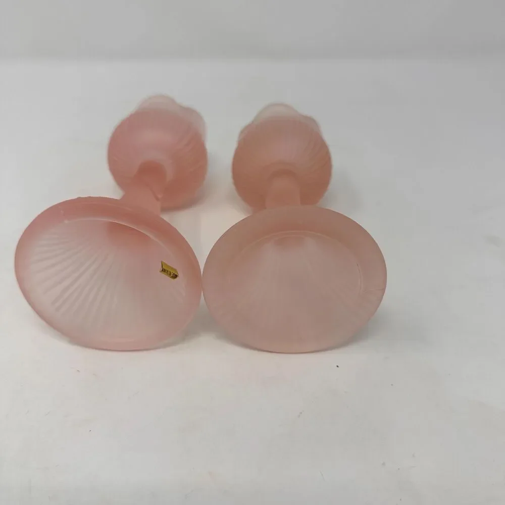 Vintage Pink Frosted Glass Tulip Candle Holders Pair Satin Votive Candlesticks